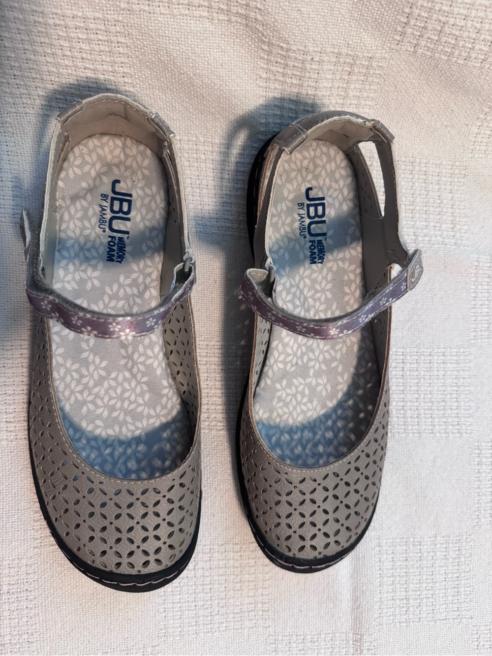JBU Gray Laser-Cut Mary Jane Shoes with Purple Accent Strap